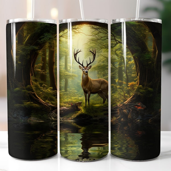 Forest Deer near Lake - 20 oz Skinny Sublimation Tumbler Wrap - Nature Digital Design - Instant PNG Download - Green Wilderness Reflection