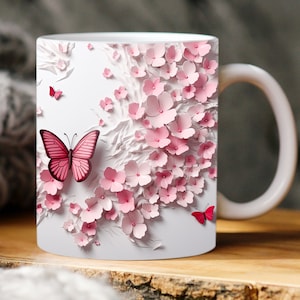 Tazza da parete con farfalla 3D e fiori rosa, modello per tazza da 11 e 15 once, design floreale a sublimazione, arte della tazza PNG, download digitale istantaneo