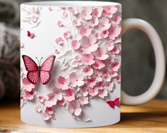 3D Butterfly and Pink Flowers Wall Mug Wrap, 11oz & 15oz Mug Template, Floral Sublimation Design, Mug Wrap Art PNG, Instant Digital Download