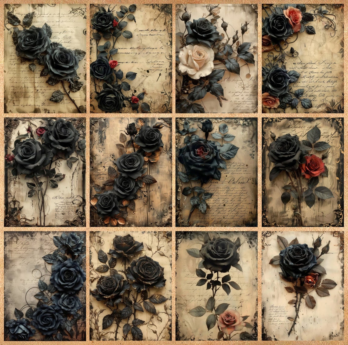 Gothic Roses Junk Journal Pages | Black Roses Collage Sheets for ...