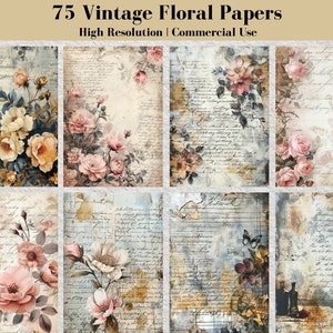 Kit de diario basura / 75 páginas de diario con motivos florales vintage / Rosas desgastadas imprimibles / Hoja de collage básica / Papel para álbumes de recortes / Páginas vintage imprimibles