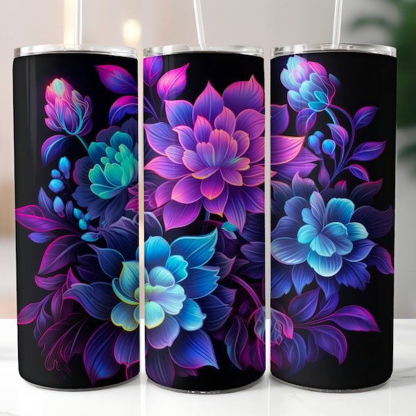 Purple Neon Flowers 20 oz Sublimation Skinny Tumbler - 3D Floral Leaves Design - Dark Design - Straight Tumbler Wrap - Instant Download PNG