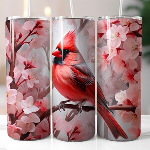 Red Cardinal Bird 3D Flowers 20 oz Skinny Tumbler Sublimation | Pink Cherry Blossom | Instant Digital Download PNG | Straight Tumbler Design