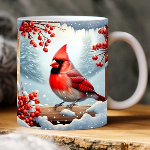 Weihnachten Rot Kardinal Schnee Winter 3D Tasse Wrap Design | Vogel Snowy Tasse Sublimationsdesign | 11 Unzen & 15 Unzen Becher Vorlage | Sofort Download