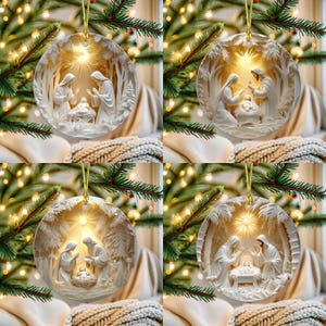 Puede incluir: Cuatro adornos navideños con temática religiosa. Cada adorno redondo tiene una cuerda dorada para colgar. Los adornos representan una escena de la Natividad con una luz brillante que brilla desde arriba. Las figuras blancas están sobre un fondo de árboles.