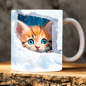 3D Cute Kitten in Snowy Wall Hole Mug Wrap, 11oz 15oz Mug Template, Adorable Snow Mug Sublimation Design, Digital Download Mug Wrap Template