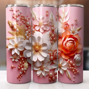 3D Blush Pink Gold Flowers and Pearls 20oz Skinny Tumbler Sublimation Wrap - Straight Tumbler Art - Instant Download PNG - High-Resolution