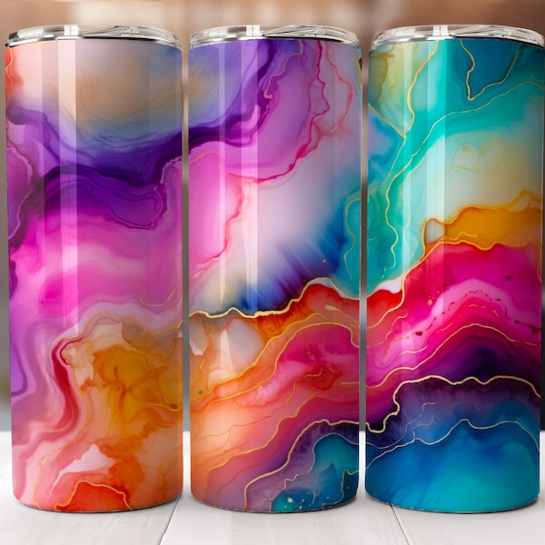 Vibrant Rainbow Bright Neon Marble Tumbler Wrap - Colorful Sublimation Designs for 20oz Skinny Tumbler - Instant Download Template PNG