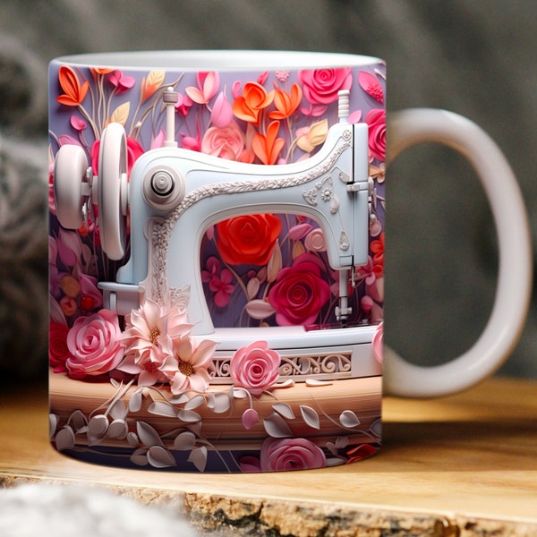 Floral Sewing Machine Mug Wrap | 3D Sublimation Design | 11oz and 15oz Mugs | Digital Download Sewing Mug PNG | Coffee Sublimation Template