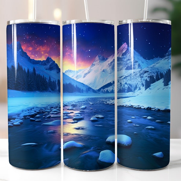 Schöne nördliche verschneite Landschaft Tumbler Wrap | 20 Unzen Skinny Tumbler Sublimationsentwurf | Fluss Tumbler Wrap | Kaltes Winter-Landschaftsdesign