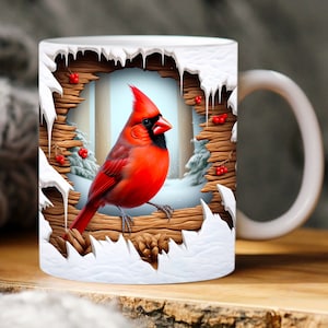 Festive Red Cardinal 3D Mug Wrap Design | Winter Snow Mug Sublimation Design | 11oz & 15oz Mug Template | Instant Digital Download PNG