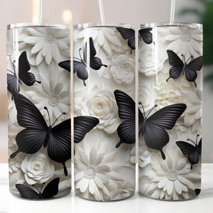 Butterfly and Flowers 20 oz Skinny Tumbler Sublimation Design - Instant Digital Download PNG - Straight Tumbler Wrap - Unique 3D Tumbler Art