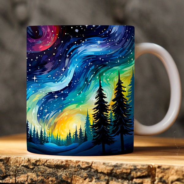 Colorful Northern Lights Mug Design Art | Mug Sublimation Design | Forest Mug Template | 11oz & 15oz Mug Wrap | Instant Digital Download PNG
