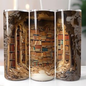 3D Cracked Wall with Bookshelf Tumbler Wrap, 20 oz Skinny Tumbler Sublimation Designs, Straight 3D Book Lover Tumbler PNG, Digital Download