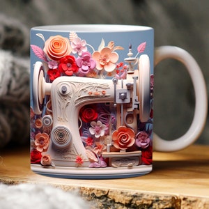 Charming Floral Sewing Machine Mug Wrap | 3D Sublimation Design for 11oz and 15oz Mugs | Sewing Mug PNG | Coffee Mug Sublimation Template
