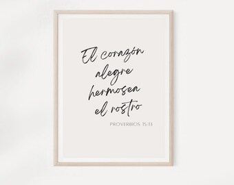 El corazón alegre hermosea el rostro cuadro decoración ilustración. Versículo bíblico en español. Proverbios 15:13.