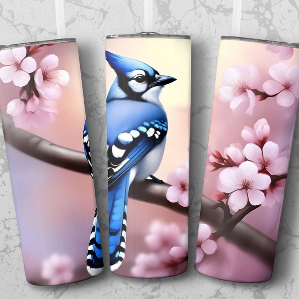 Beautiful Blue Jay Tumbler Wrap Sublimation Design, 20oz skinny cherry blossom tumbler wrap, Straight and Tapered, instant Digital Download