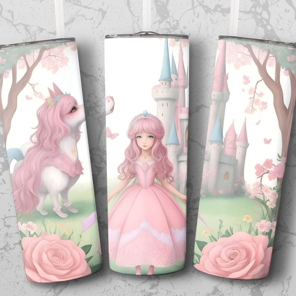 Enchanted Princess and Unicorn 20oz Tumbler Wrap, Pink Castle Sublimation Design, Fairy Tale Tumbler PNG Download, Digital Fantasy Graphic