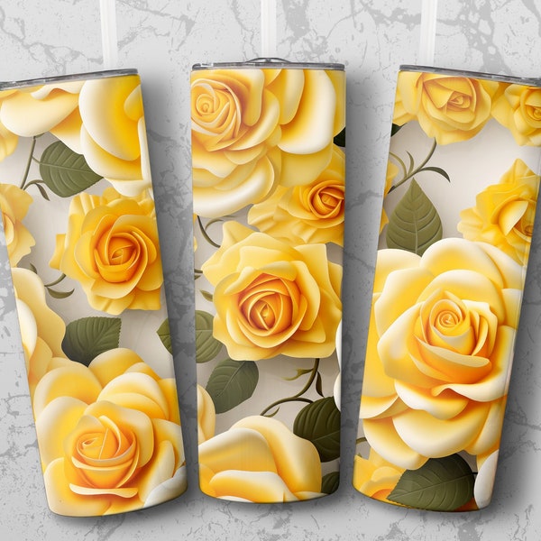 3D Roses 20oz tumbler sublimation design, 3D Floral skinny tumbler wrap, yellow flowers straight and tapered PNG, instant digital download