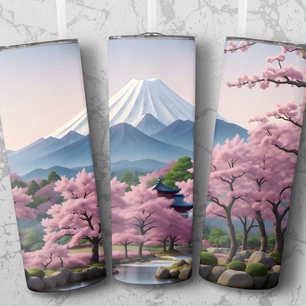 20oz Tumbler Wrap Sublimation Design, Sakura Cherry Blossoms, Japanese Mountain Scenery, Digital Download, PNG Image, Printable Full Wrap