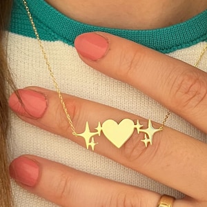 Heart Sparkle Necklace, Emoji Jewelry, Silver Sparkle Emoji Necklace, Cute Emoji Jewelry Gift, Heart And Star Emoji Necklace, Summer Jewelry