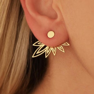 14K Gold Sunburst Ear Jackets, Silver Geometric Stud Earrings, Christmas Gift, Handmade Sun Ray Earrings, Dainty Sunburst Double Earrings