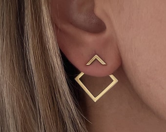 Geometrische Gold Ear Jackets, quadratische silberne Ohr Jackets, Ear Jacket Ohrringe, Gold Ear Jackets, vorderer und hinterer Ohrring, minimalistischer Ohrring