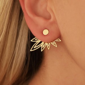 Sunburst Ear Jackets, Geometric Stud Earrings, Valentines Day Gift, Handmade Sun Ray Earring, Dainty Sunburst Double Earring