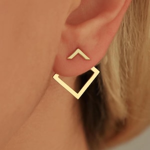 Geometric Ear Jackets, Gold Square Ear Jackets, Ear Jacket Earrings, Summer Earrings, Front and Back Earring ,Gold and Silver Jacket Earring