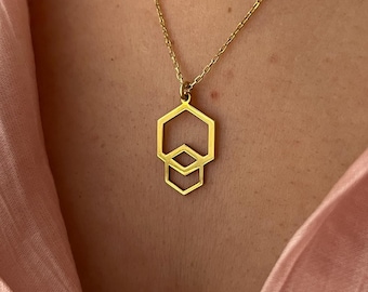 Sechseck Halskette, Honigwaben Anhänger, Doppel Hexagon Charm