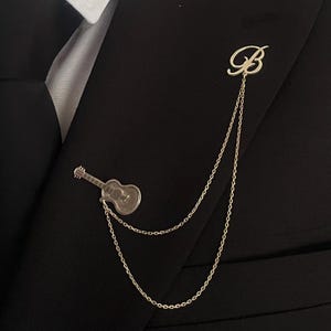 Personalized Guitar Lapel Chain Brooch, Silver Initial Pin, Sterling Silver & Gold Badge, Personalized Badge Pin, Brooch, Symbol Brooches