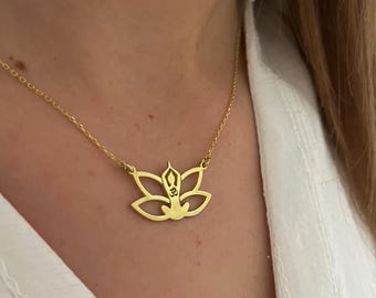 14K Gold Lotus Flower Necklace: Sterling Silver Yoga Pendant