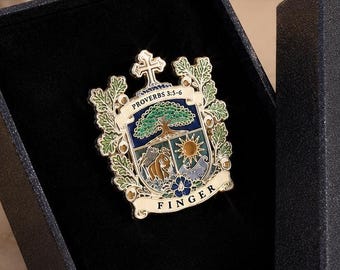 Custom Family Crest Pin, 925 Sterling Silver Hand Painted Enamel Coat of Arms Lapel Pin, Personalized Heraldic Badge, Gift