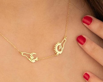 Sun and Moon Necklace, Celestial Jewelry, Gold Plated Hands Holding Sun Pendant, Spiritual Gift for Women, Cosmic Jewelry, Astrology Jewelry