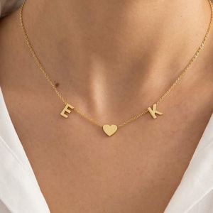 Gold Initial Heart Necklace, Personalized Two Letter Necklace, Custom Dainty Choker, Anniversary Gift for Her, Initial Jewelry, Couples Gift