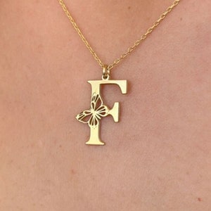 Gold Butterfly Initial Necklace: Personalized 14K Solid Gold Letter