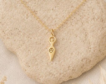 Mother Goddess Brass Pendant Necklace, Spiral Fertility Amulet with Cabochon Stone, Divine Feminine Wiccan Jewelry