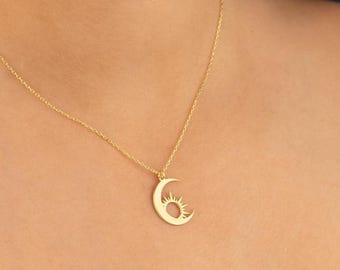 Crescent Moon Sun Necklace, Gold Celestial Pendant, Minimalist Moon & Sun Necklace, Layering Jewelry, Gift for Her, Celestial Necklace