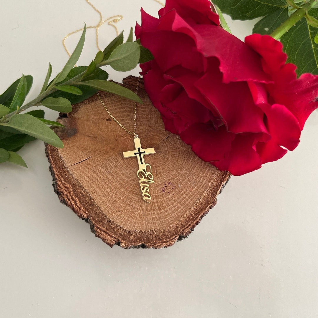 Gold Custom Name Cross Necklace Vertical Named Cross Necklace Crucifix