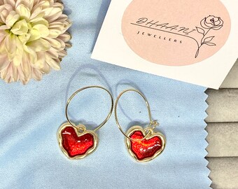 Vintage Inspired Heart Shaped Hoop Earrings Red & Gold |Hoops earrings