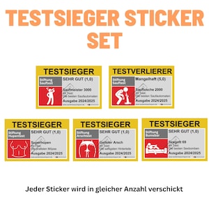 May include: A set of six yellow and red stickers with the text "TEST SIEGER" and "TEST VERLIERER". Each sticker features a different humorous illustration and text about a product test. The text includes "SEHR GUT (1.0)" and "Mangelhaft (5.0)".