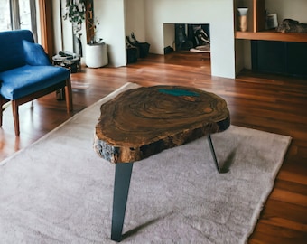 Handmade Live Edge Walnut Coffee Table, Green Epoxy Inlay, Rustic Modern