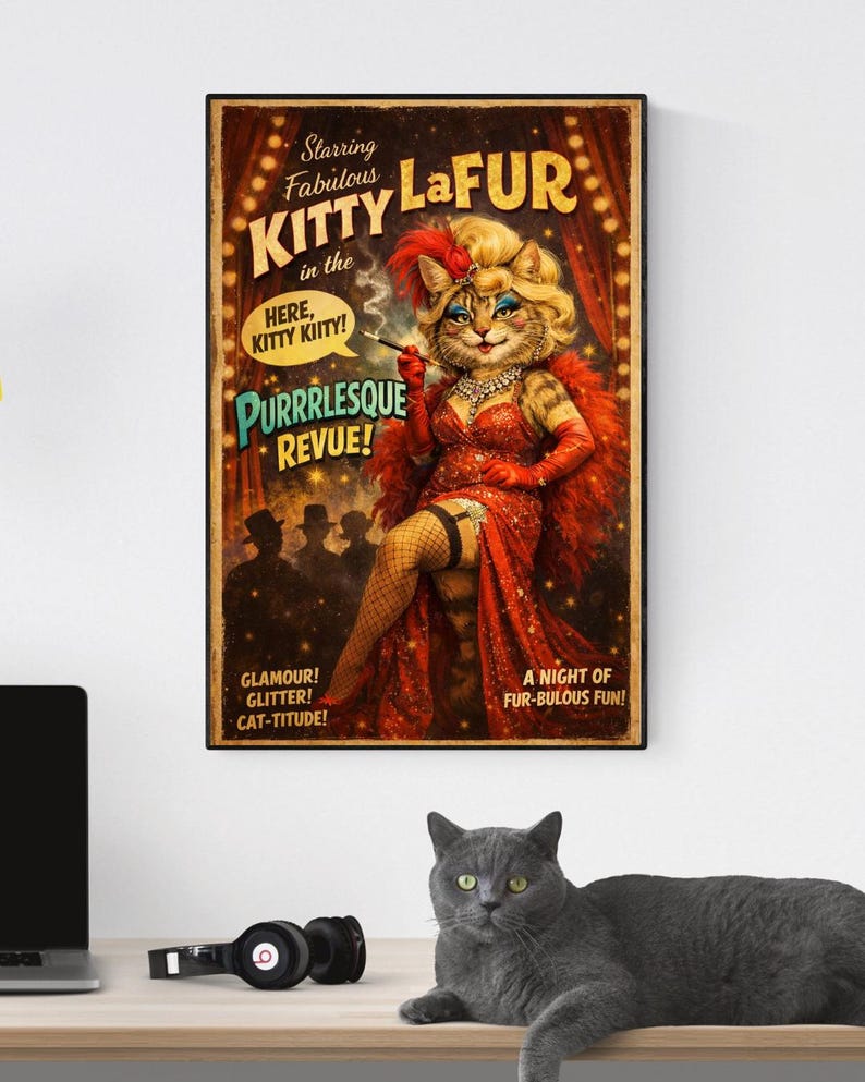 Vintage Burlesque Cat Poster – Retro Cat Performer Wall Art, Funny Pin ...
