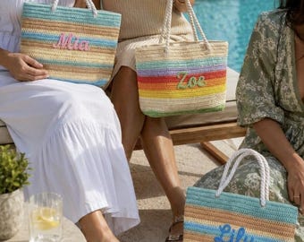 Spersonalizowana torba plażowa ze słomy w paski, torba na wakacje z niestandardowym imieniem, prezent dla niej