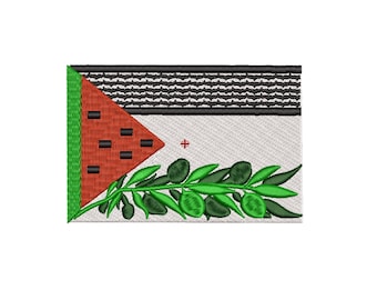 May include: Embroidered patch featuring the flag of Palestine. The flag is red, white, green, and black with a triangle in the upper hoist-side corner. The triangle is red with black horizontal stripes and a white star. A green olive branch with black olives is in the lower right corner.