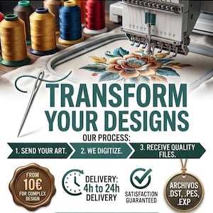 May include: An advertisement for an embroidery digitizing studio. The image features an embroidery machine, spools of thread, and the text "TRANSFORM YOUR DESIGNS." The process is outlined with steps: Send Art, We Digitize, and Receive Quality Files.
