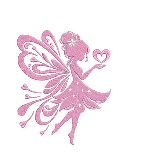 Op de afbeelding: Roze silhouet van een fee met vleugels en een hart in haar hand.