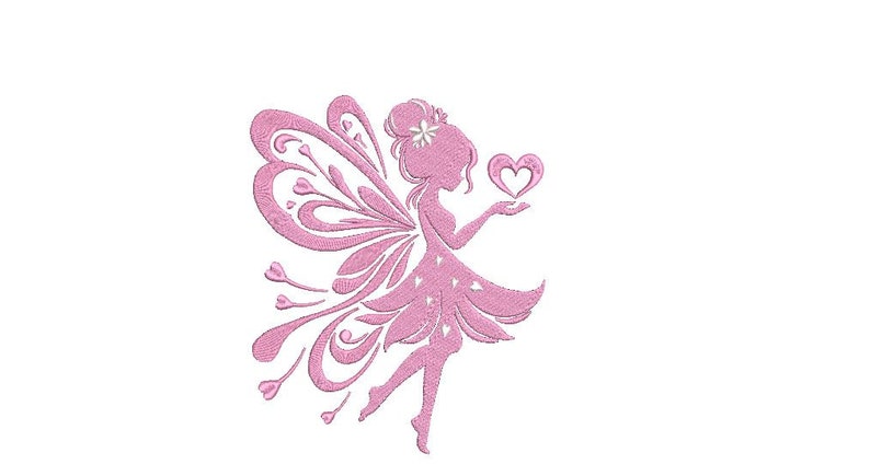 May include: A light pink machine embroidery design featuring a fairy silhouette with detailed wings, a floral hair accessory, and a heart shape held in one hand. The fairy has a flowing dress and delicate wing patterns with small heart accents.