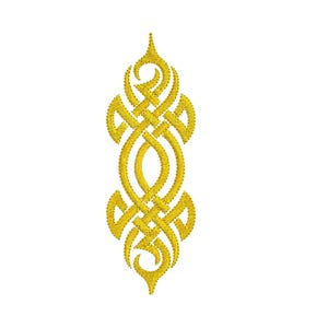 May include: A gold-coloured, intricate, decorative design with a Celtic knot pattern. The design is symmetrical and has a pointed top and bottom.