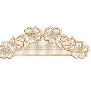 Może przedstawiać: Złoty wzór haftu kwiatowego z białymi kwiatami i liśćmi. Wzór idealnie nadaje się do dodania elegancji każdemu projektowi.